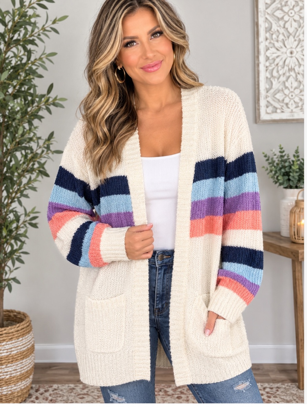 Cream Open-Front Striped Pocket Cardigan Sweater